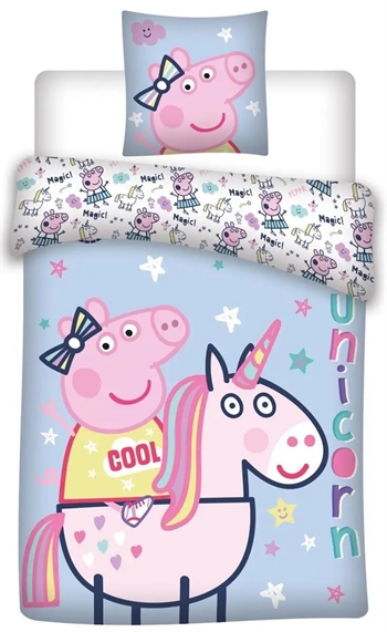 Gurli gris sengetøj - 140x200 cm - Gurli gris på enhjørning sengesæt - 2 i 1 design - Sengelinned i 100% bomuld